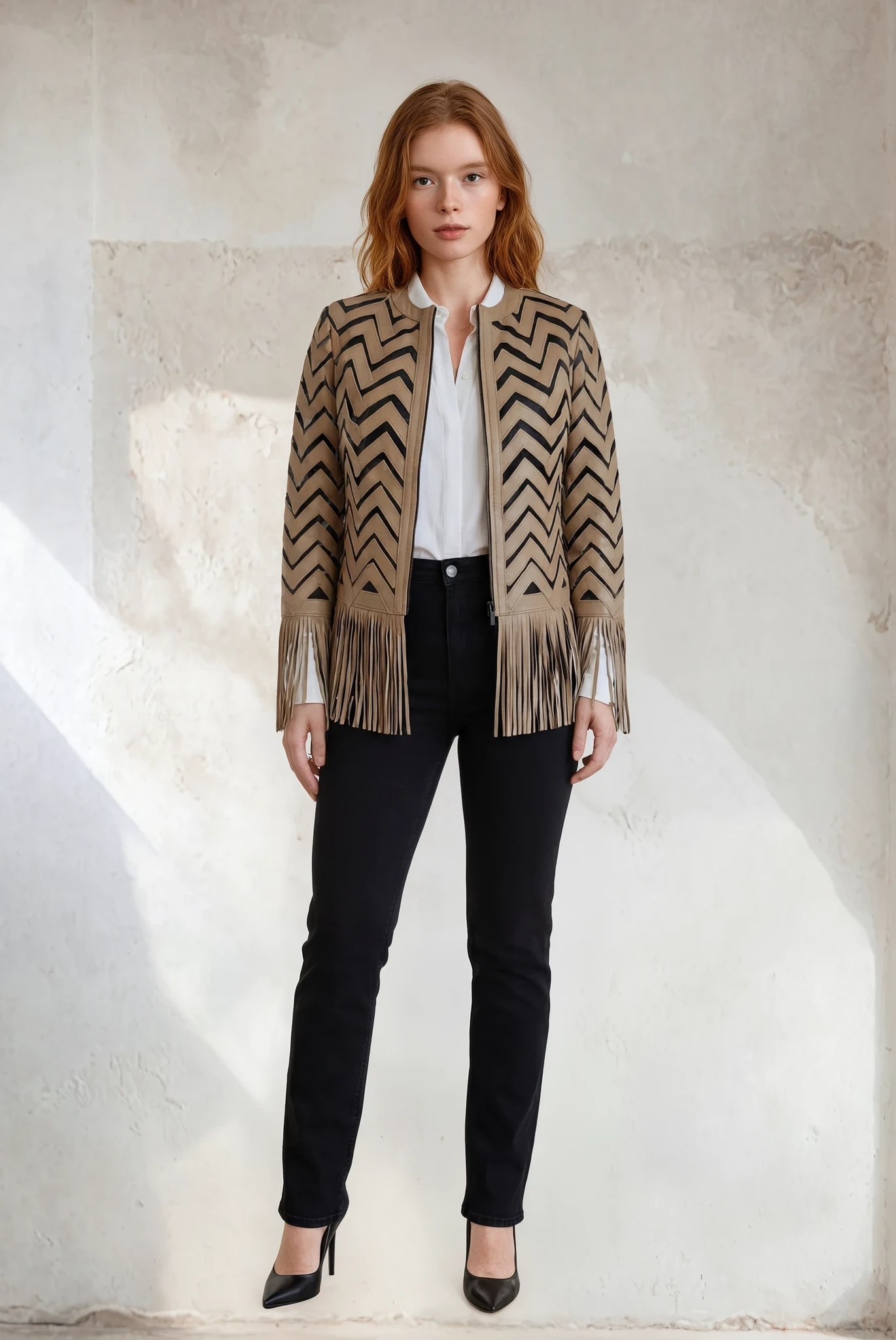 Indigo Fringe Leather Mesh Jacket