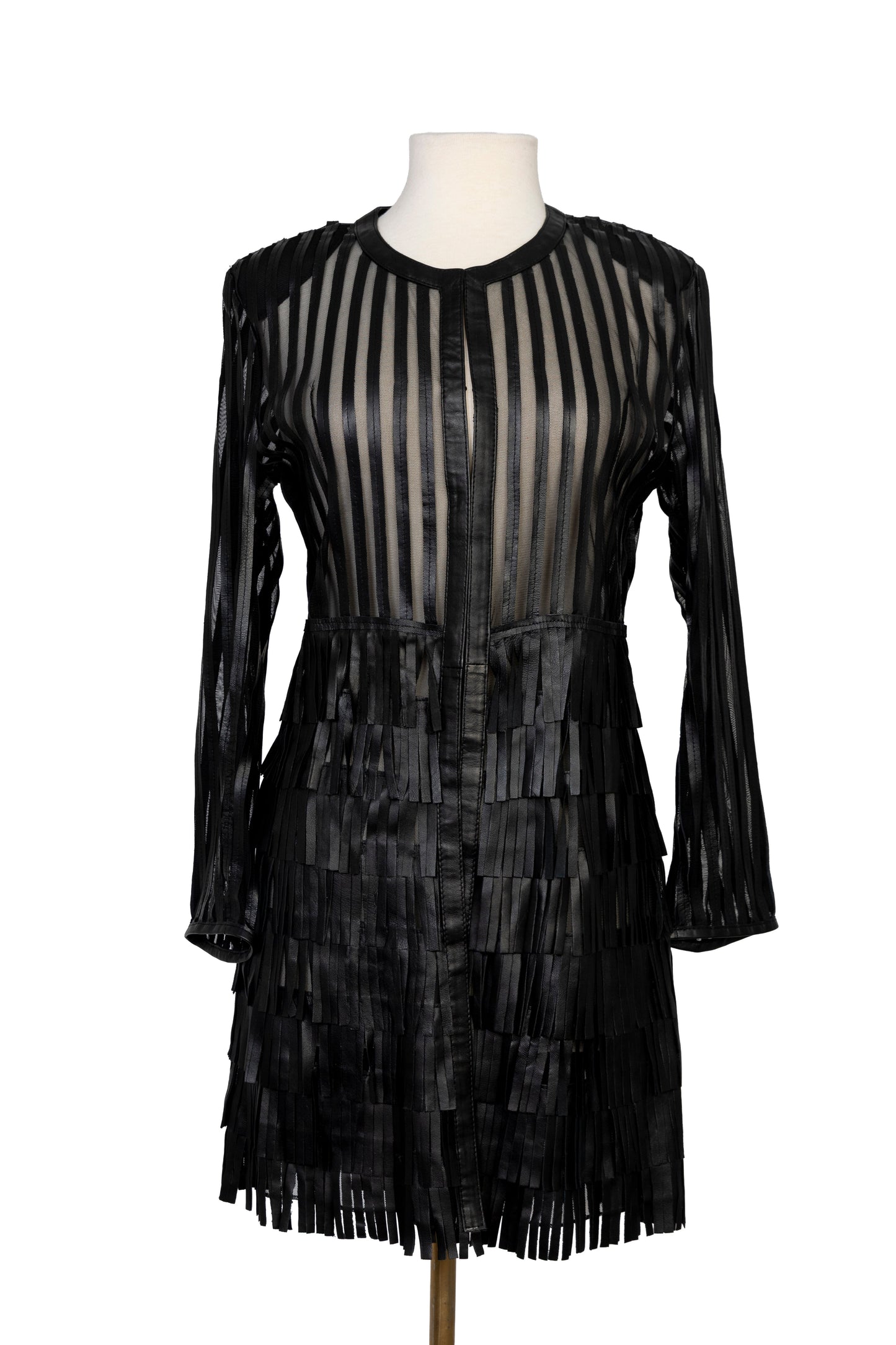 Black Fringe Leather Mesh Coat