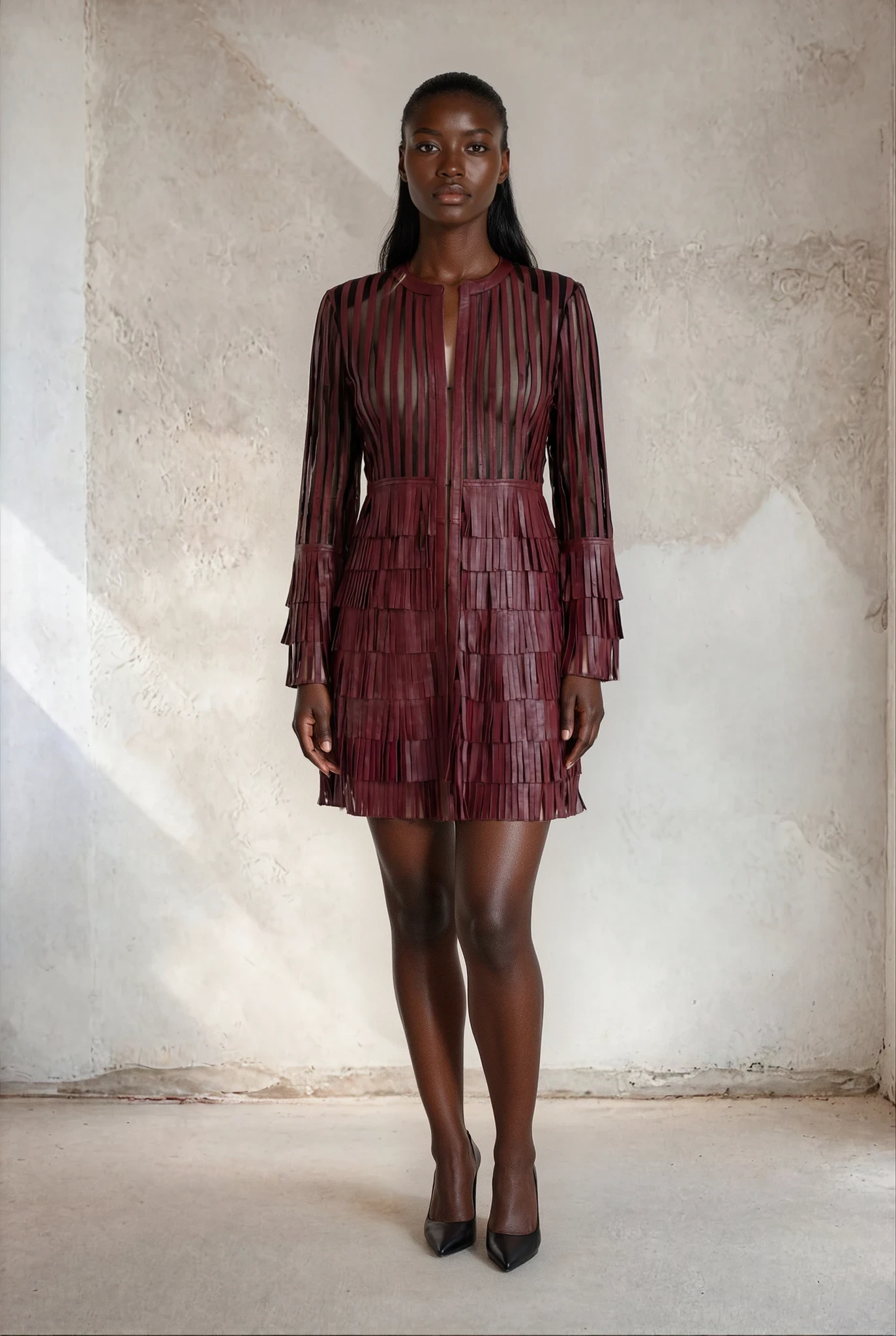 Burgundy Fringe Leather Mesh Coat