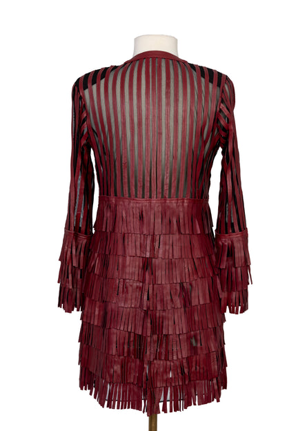 Burgundy Fringe Leather Mesh Coat