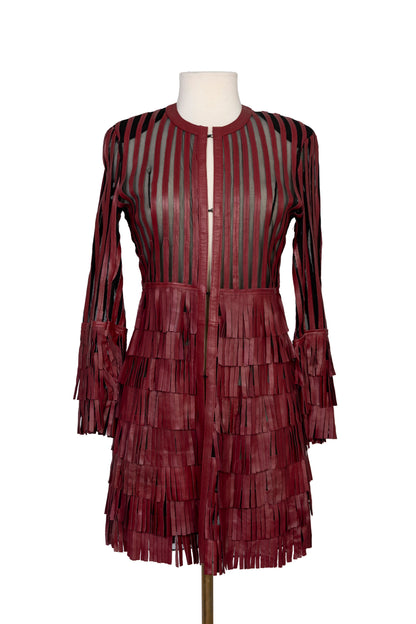 Burgundy Fringe Leather Mesh Coat
