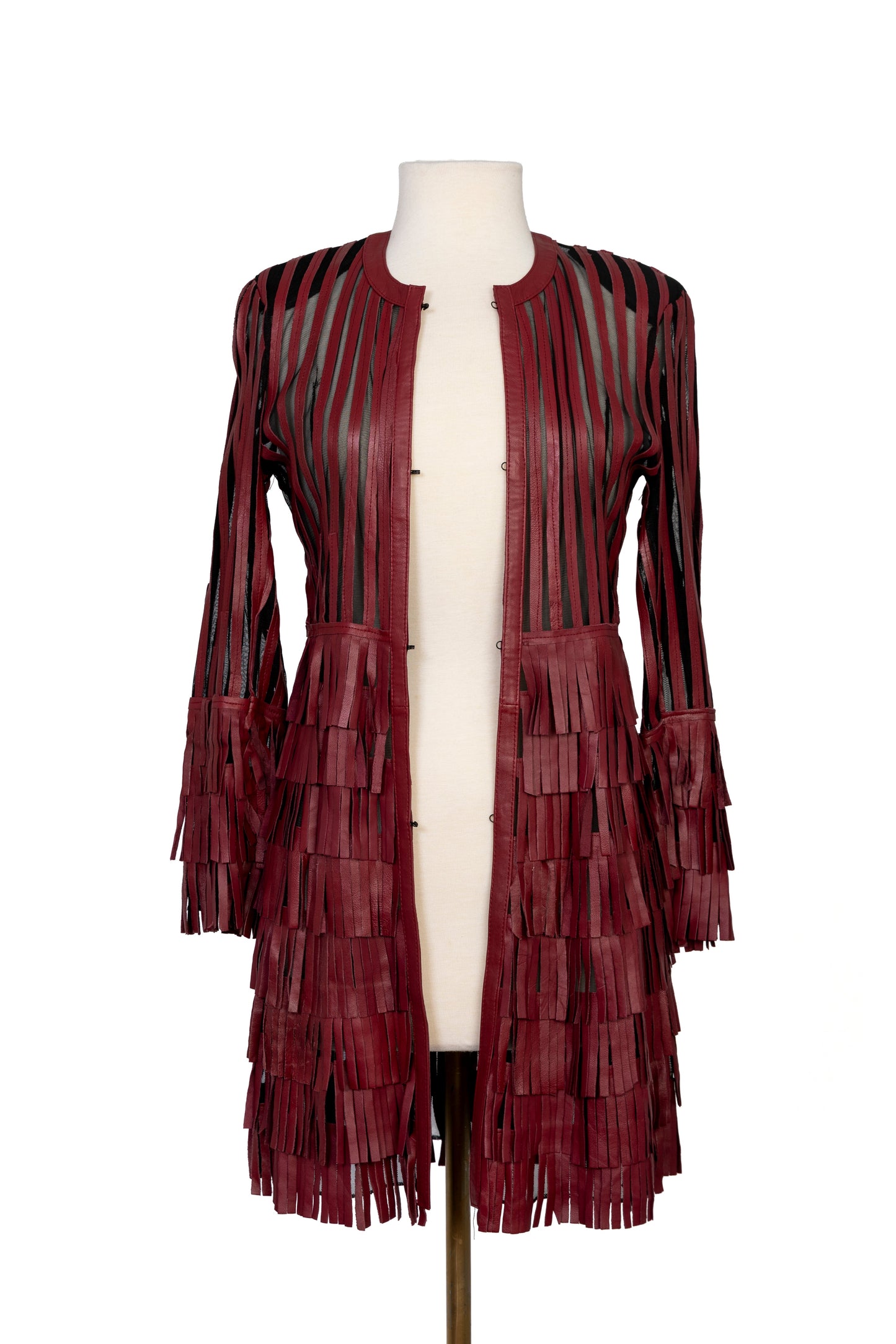 Burgundy Fringe Leather Mesh Coat