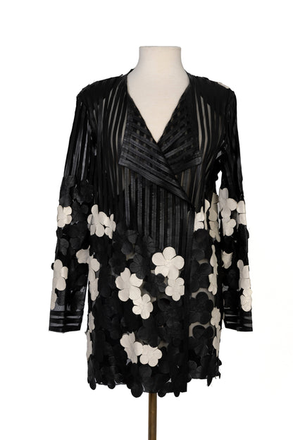 Black & White Daisy Leather Mesh Coat