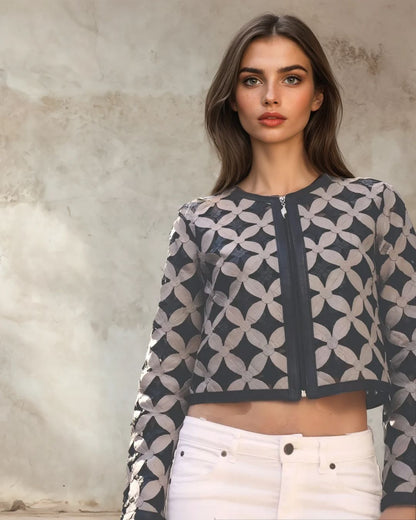 Double Daisy Cropped Leather Mesh Jacket