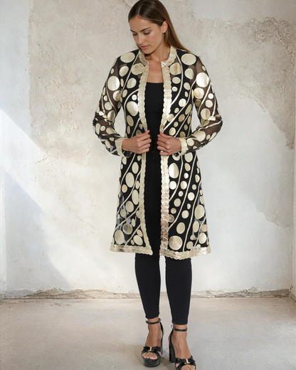 Gold Circle Long Leather Mesh Jacket
