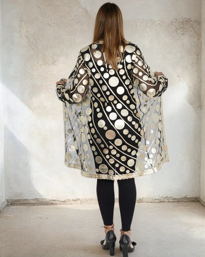 Gold Circle Long Leather Mesh Jacket