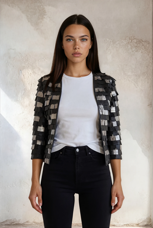 Square Fringe Leather Mesh Bolero Jacket