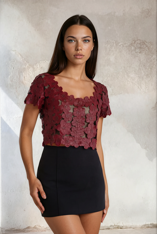 Daisy Cropped Open Front Leather Mesh Top