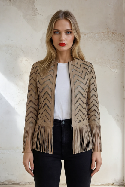 Indigo Fringe Leather Mesh Jacket