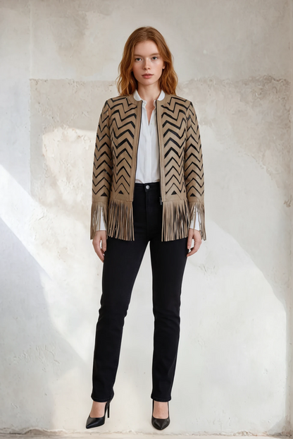 Indigo Fringe Leather Mesh Jacket