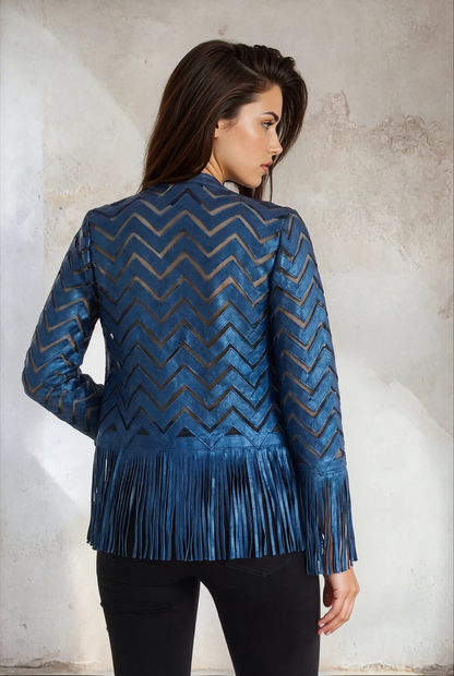 Indigo Metallic Blue Fringe Leather Jacket