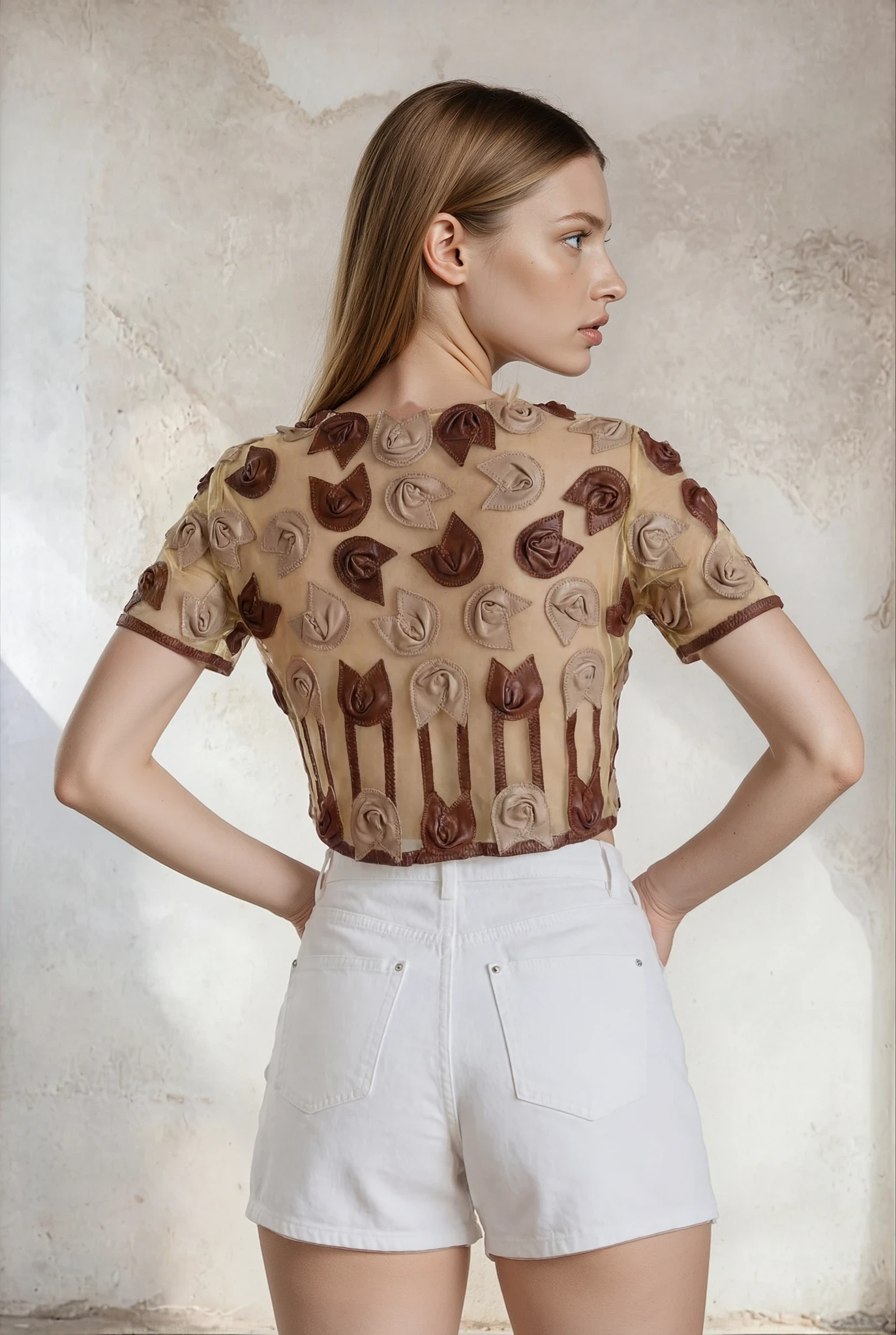 Rosalinda Taupe & Brown Daisy Leather Mesh Crop Top