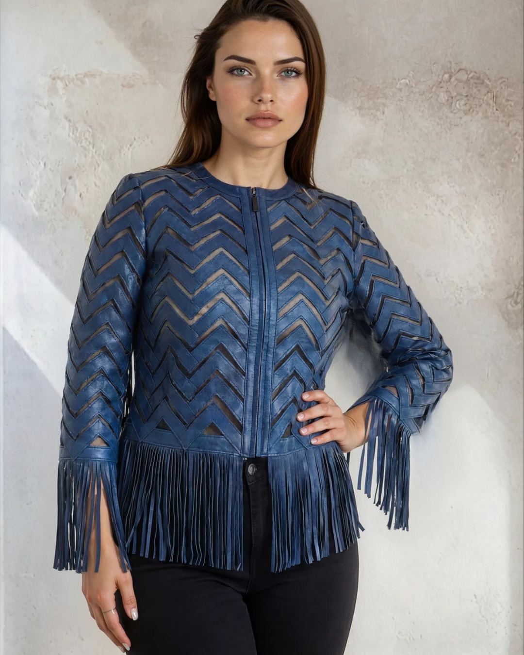 Indigo Metallic Blue Fringe Leather Jacket