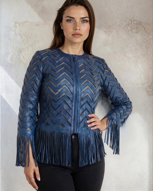 Indigo Metallic Blue Fringe Leather Jacket